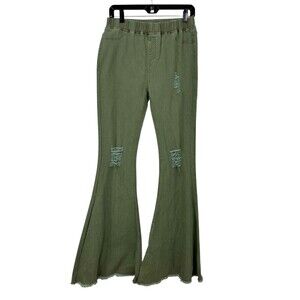 Aaron And Amber Women M Bohemian Boutique Army Green Distressed Flare Pants N1